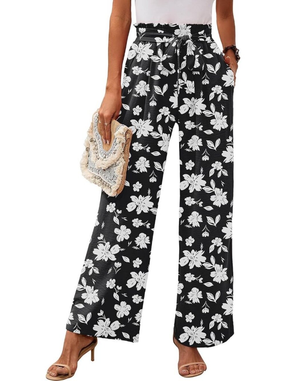 Womens Black White Floral Wide Leg Pant High Waisted Tie Knot Loose Comfy Casual